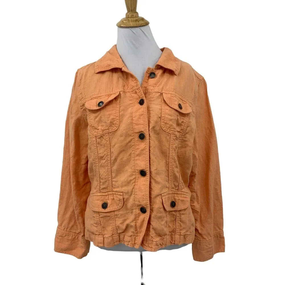 J Jill Linen Utility Jacket Womens MP Medium Petite Amber Button Up Long Sleeve